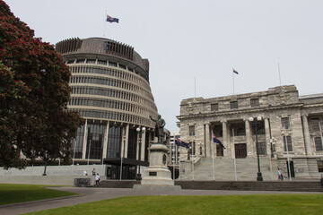 Beehive and facade of New Zealand Parliament building, Wellington, New Zealand.
