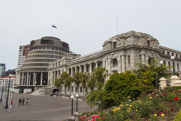 Bowen House, Beehive and facade of New Zealand Parliament building, Wellington, New Zealand.