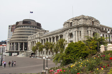 Bowen House, Beehive and facade of New Zealand Parliament building, Wellington, New Zealand.