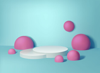 3d realistic vector background. Beauty white stand with pink balls around.  Cosmetic and product display. 