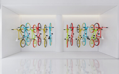 The walls are decorated with modern bicycles in assorted colors. 3d rendering , illustration