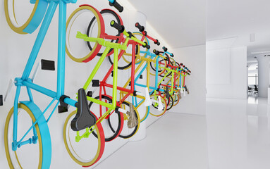 The walls are decorated with modern bicycles in assorted colors. 3d rendering , illustration