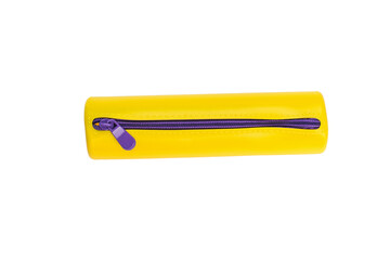 Yellow pencil case with purple zipper isolated on a white background. Flat lay.