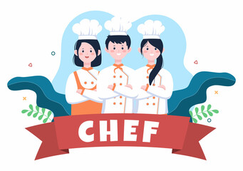 Professional Chef Cartoon Character Cooking Illustration with Different Trays and Food to Serve Delicious Food Suitable for Poster or Background