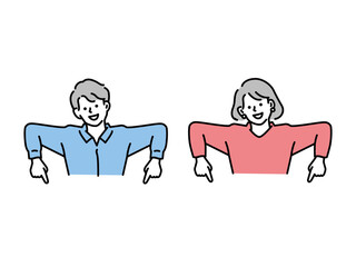 ポイント、注目、発表を表す男女のイラスト(ビジネス、クリック、チェック、指差し、重要、お知らせ、若者) Illustrations of men and women representing points, attention, and presentations. business, click, check, point, important, announcements.