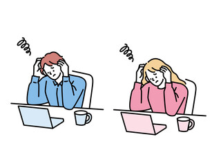 悩む、考えるイラスト(行き詰まる、落ち込む、疲労、ストレス、モチベーション、仕事、失敗、困難、忙しい) Thinking illustration.Stuck, depressed, tired, stressed, motivated, work, failure, difficulty, busy.