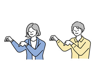 ポイント、注目、発表を表す男女のイラスト(ビジネス、クリック、チェック、指差し、重要、お知らせ、若者) Illustrations of men and women representing points, attention, and presentations. business, click, check, point, important, announcements.