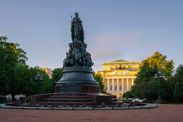 View of the monument to Catherine II and the Alexandrinsky Theater, St. Petersburg, Russia. The inscription on the monument "To Empress Catherine II during the reign of Emperor Alexander II, 1873"