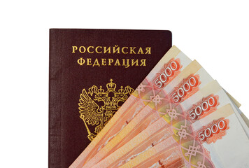 5000 russian rubles, money  banknotes with passport of Russian Federation 
