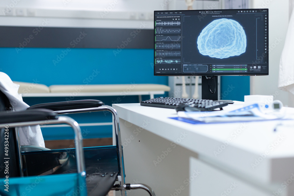 Aufkleber computer standing on table having brain ct-scan on screen during oncology examination. empty hospita