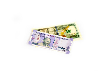 Obraz na płótnie Canvas US dollar and Indian rupees banknote isolated on white background.