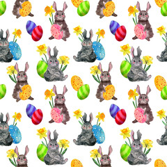 Watercolor easter seamless pattern. Illustration of easter bunny and egg, spring flowers. Easter egg hunt background. Design for easter decor, packaging, covers, wrapping paper, invitation cards.