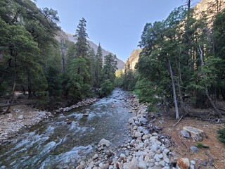 Merced River flowing out of Tenaya Canyon in Yosemite Valley, California