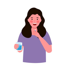 Woman taking medicine for illness treatment. Female take vitamin or supplement capsule pill.
