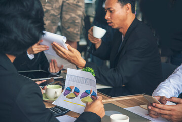 Creative design office center working teamwork. Happy business people partner plan strategy organization research people together at diversity office using laptop, smartphone company conference room