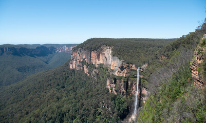 Fototapeta na wymiar Views from Govetts Leap lookout, Blackheath, Blue Mountains, New South Wales, Australia the deep canyons of the Grose Valley and waterfall