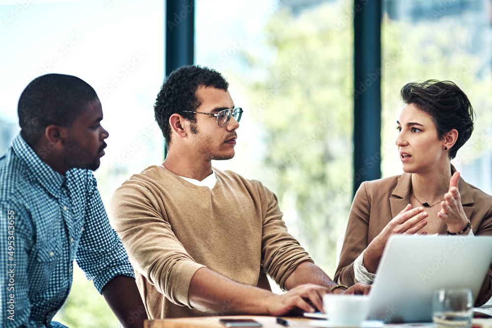 Poster develop and sell products and services you love. cropped shot of three designers having a brainstorm