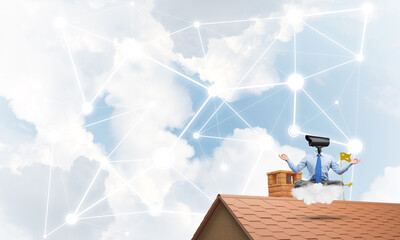 Concept of security and privacy protection with camera headed man meditating