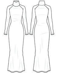 Women Winter Long Dress, High Neck Raglan Long Sleeve Knit Maxi Dress, Turtleneck Long Sleeve Knit Long Dress Front and Back View fashion illustration, Vector, CAD, technical drawing, flat drawing.