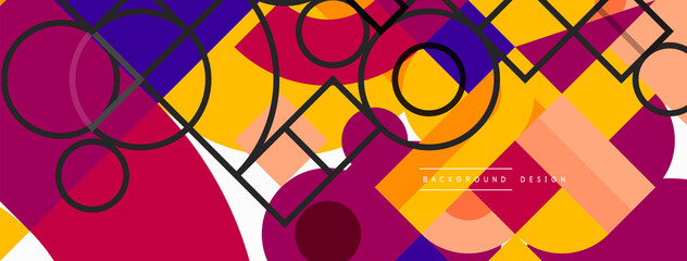 Circle and square geometric background. Round shapes with squares and triangles composition for wallpaper, banner, background or landing