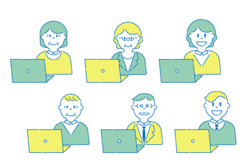 PCを操作するいろいろな人11　高齢者と若者　ポップ