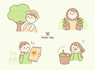 arbor day. People are growing plants. Circle face character. outline simple vector illustration.