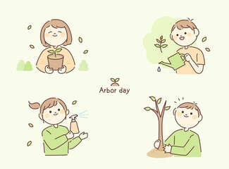 arbor day. People are taking care of plants. Circle face character. outline simple vector illustration.