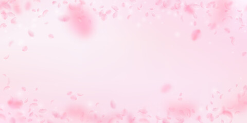 Fototapeta na wymiar Sakura petals falling down. Romantic pink flowers vignette. Flying petals on pink wide background. Love, romance concept. Ravishing wedding invitation.