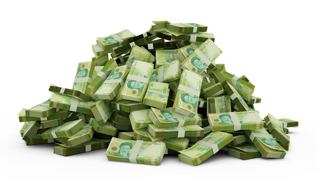 Big pile of 10000 Iranian rial notes a lot of money over white background. 3d rendering of bundles of cash