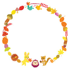 秋の葉っぱや食べ物と森の動物たちの丸いフレーム