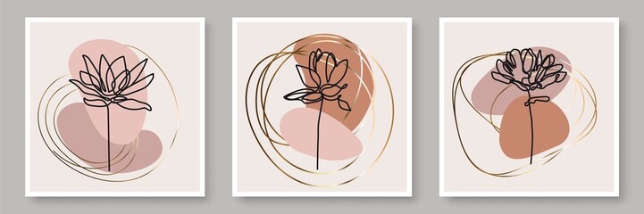 Floral Wall Art Prints Set. Earth Tone Boho Botanical Line Art with Organic Shapes. Vector Trendy Minimalist Wall Art, for Decor, Print, Poster, Invitation or Social Media