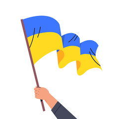 human hand holding Ukrainian flag pray for Ukraine peace save Ukraine from russia stop war concept