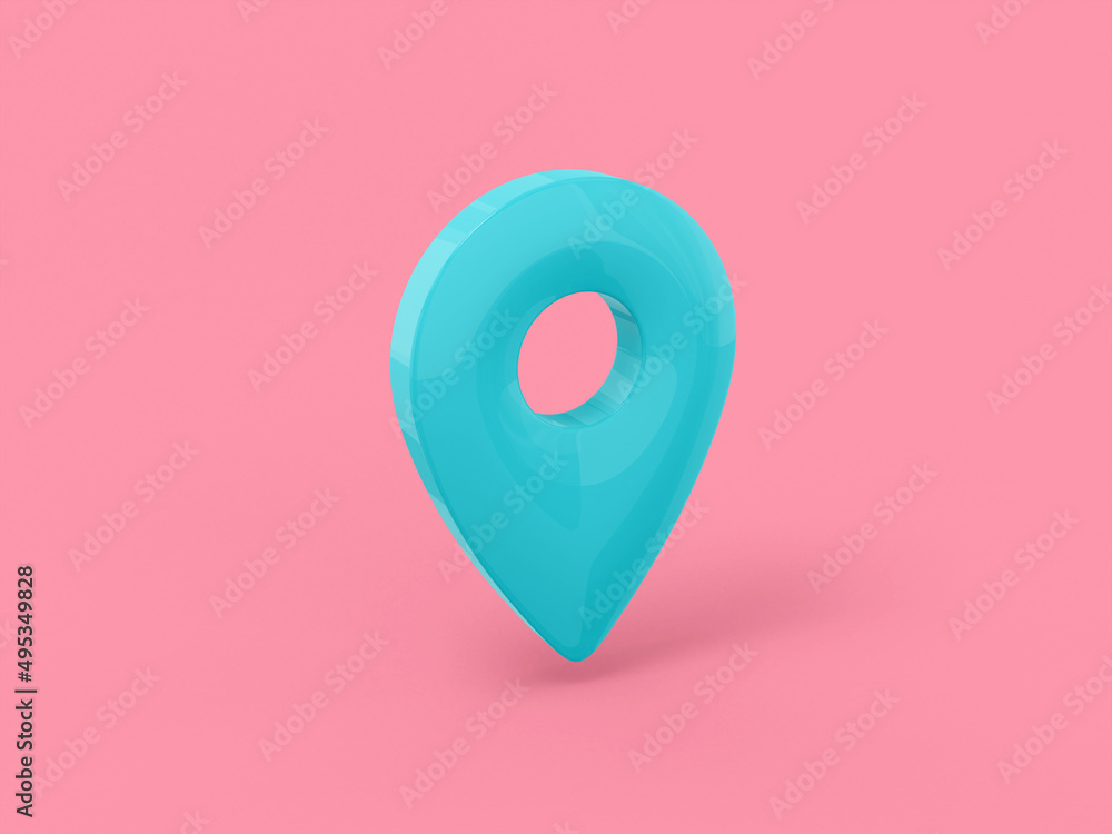 Poster blue mono color pin on pink solid background. minimalistic design object. 3d rendering icon ui ux in