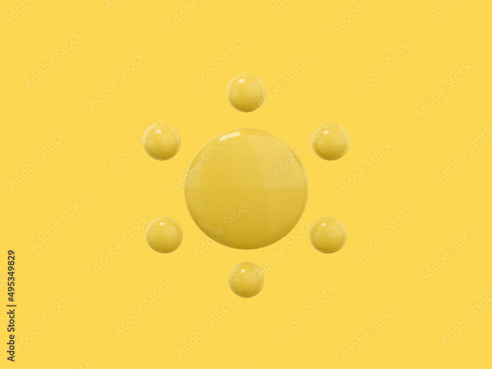 Poster yellow single color cartoon sun on yellow monochrome background. minimalistic design object. 3d rend