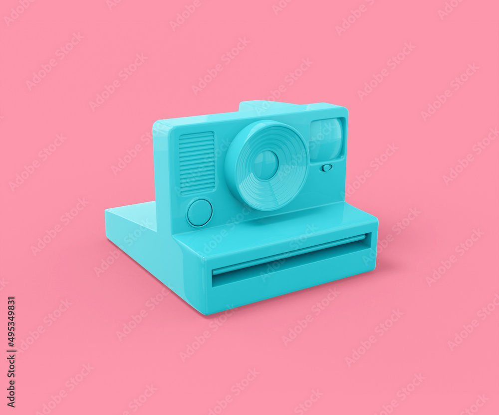 Poster blue vintage camera for instant photos on a pink background. minimalistic design object. 3d renderin