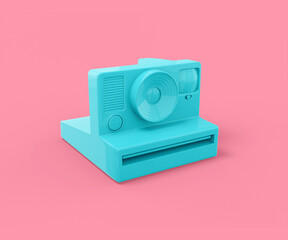 Blue vintage camera for instant photos on a pink background. Minimalistic design object. 3d rendering icon ui ux interface element.