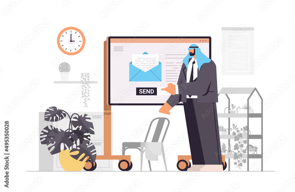 Poster businessman sending or receiving letters email inbox message notification new unread mail business c
