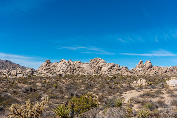 Amazing rock formation in the Mojave Desert landscape with blue sky background. 