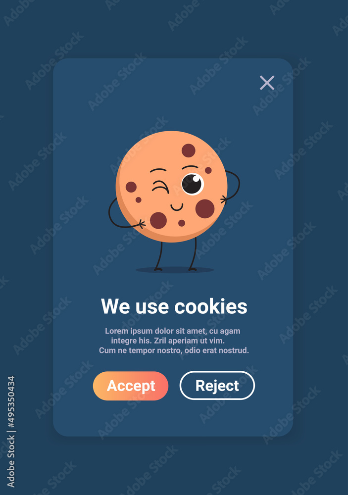 Poster protection of personal information cookie mascot character with internet web pop up we use cookies p