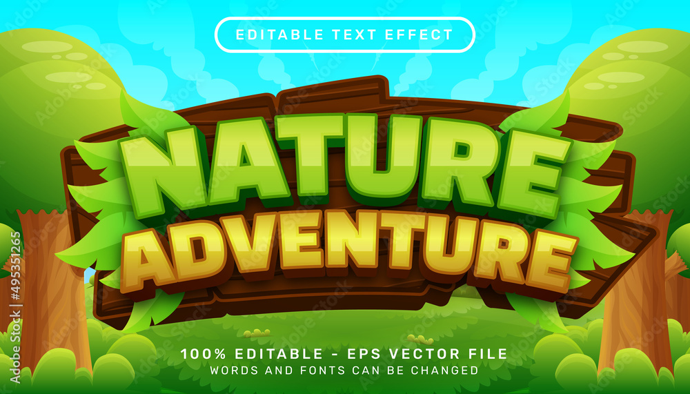 Poster nature adventure 3d text effect and editable text effect with leaf illustration