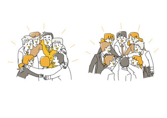 
力を合わせているビジネスチームのセット　コミカルな手書きの人物　ベクター、線画にカラー
