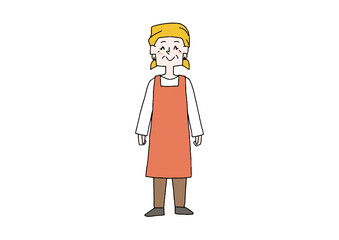 飲食店で働く高齢女性　コミカルな手書きの人物　ベクター、線画にカラー