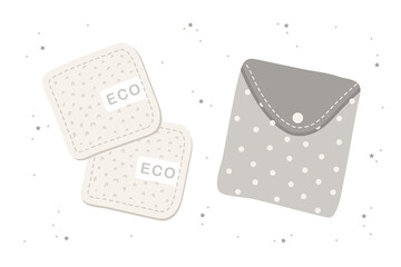 Washable cotton pads with organic textile bag. Bamboo makeup remover wipe. Eco friendly products for skin care. Zero waste concept. No plastic. Vector illustration in flat cartoon style.