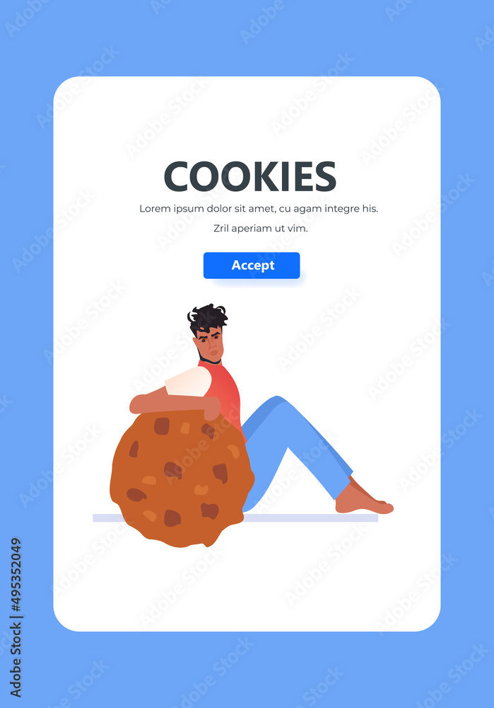 Poster man holding cookie protection of personal information internet web pop up we use cookies policy noti