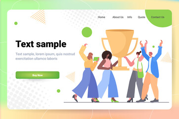 businesspeople team holding golden trophy cup business people celebrating victory achievement congratulation