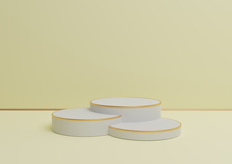 Pastel, light, citrus yellow 3D rendering simple product display with three podiums or stand with golden line minimal background composition for luxurious products