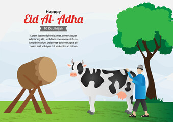 Islamic design illustration concept for Happy eid al adha or sacrifice celebration event with people character for banner