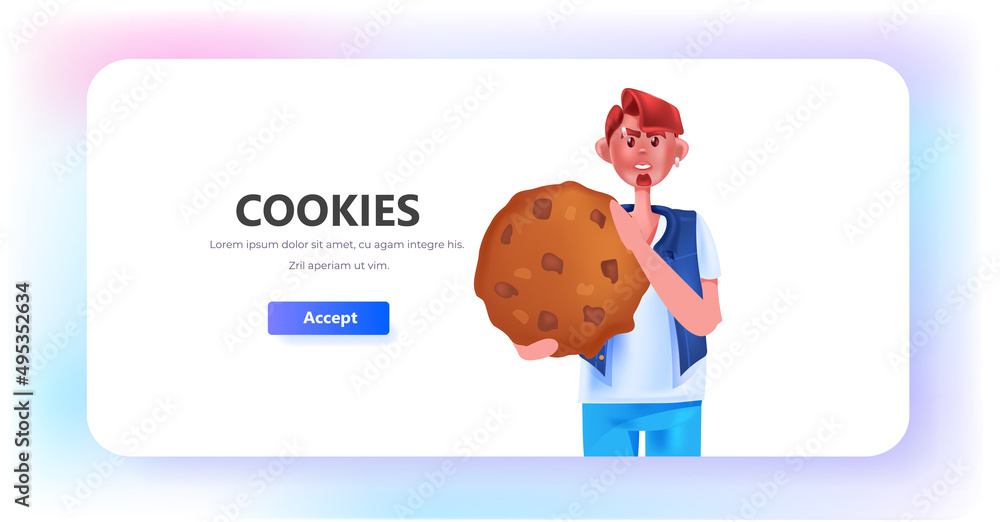 Aufkleber man holding cookie protection of personal information internet web pop up we use cookies policy noti