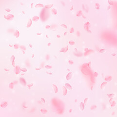Sakura petals falling down. Romantic pink flowers falling rain. Flying petals on pink square background. Love, romance concept. Overwhelming wedding invitation.