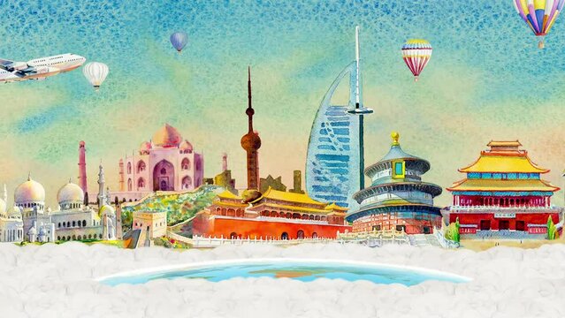 Travel Asia landmark with watercolor painting animation travel famous landmarks of the worlds in Asia, Travel Asian with airplane and hot air balloons in animation advertising popular tourist attracti